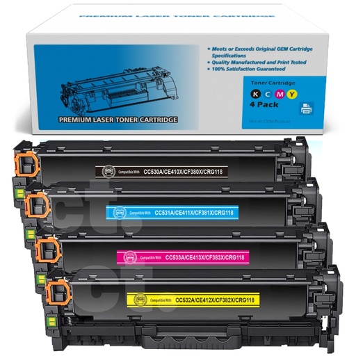 HP CC530A CE410X CF380X Canon CRG118 Combo Compatible BK/C/M/Y High Yield Toner Cartridge (4 Pack)