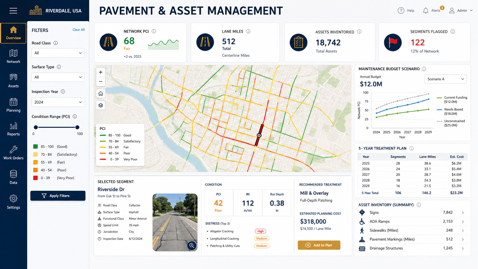 Conceptual municipal pavement and asset management dashboard