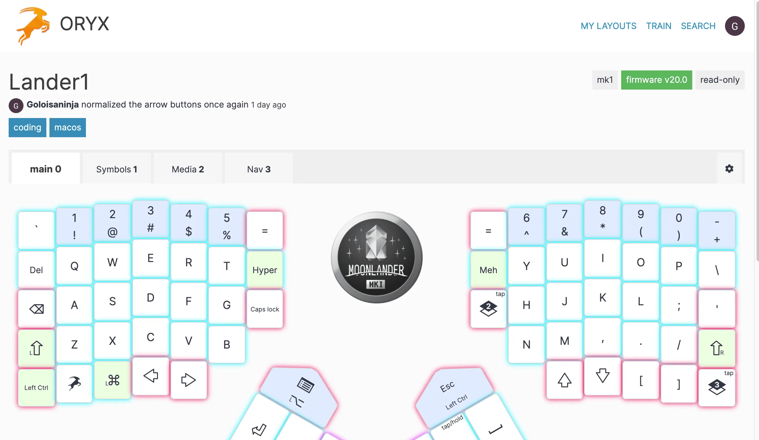 A screen shot of the Oryx tool showing the Moonlander Keyboard layout and graphical interface for modifying the board