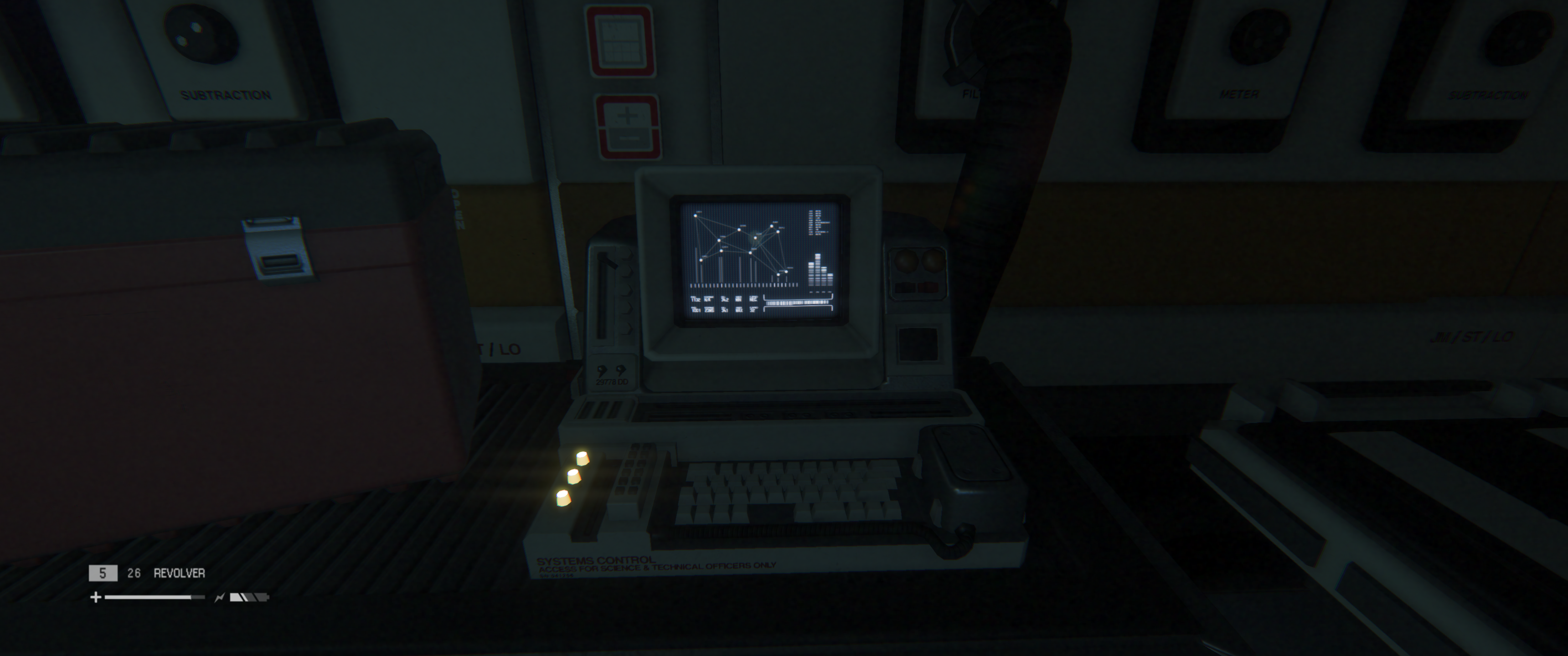 A wonderfully chunky computer on a desk in a darkened room with old CRT monitor and mechanical keyboard. The display is data in scatter graph