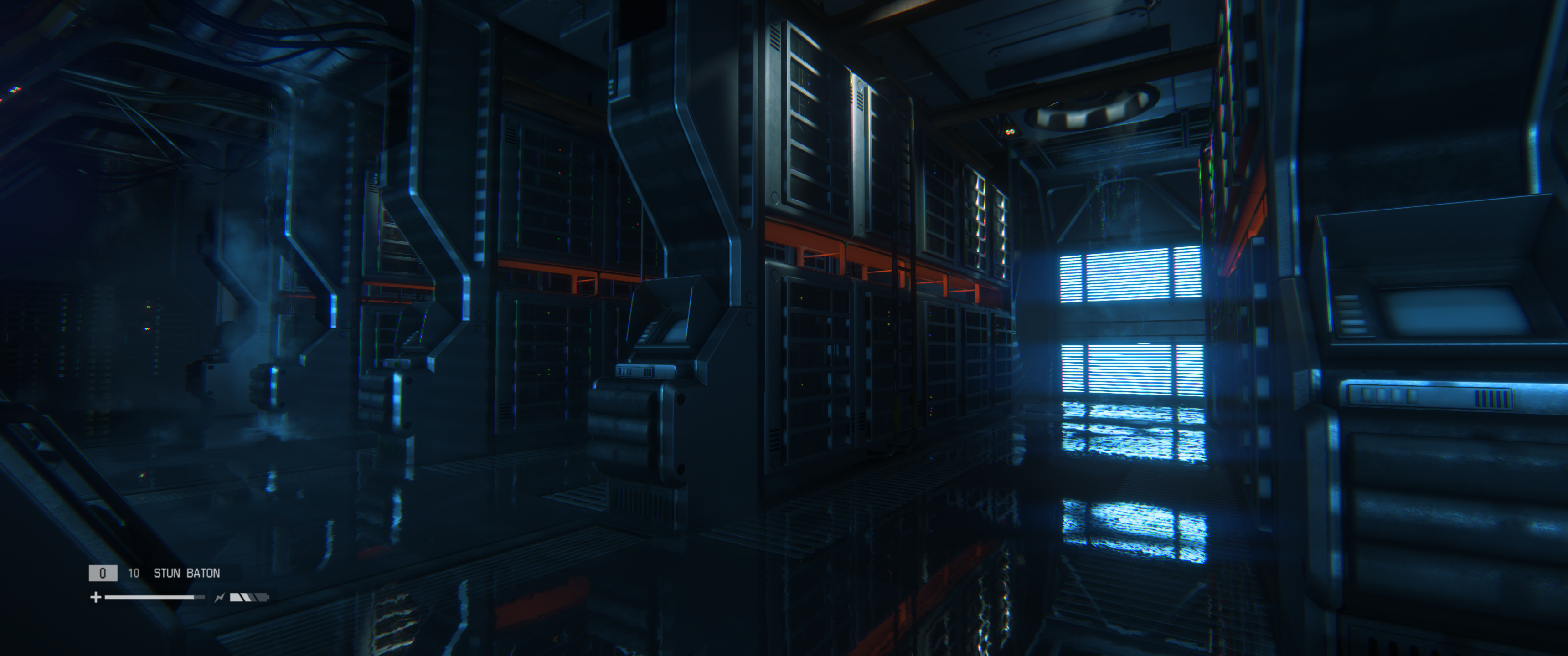 A darkened futuristic server room with brilliant blue and red lighting, the floor his highly reflective