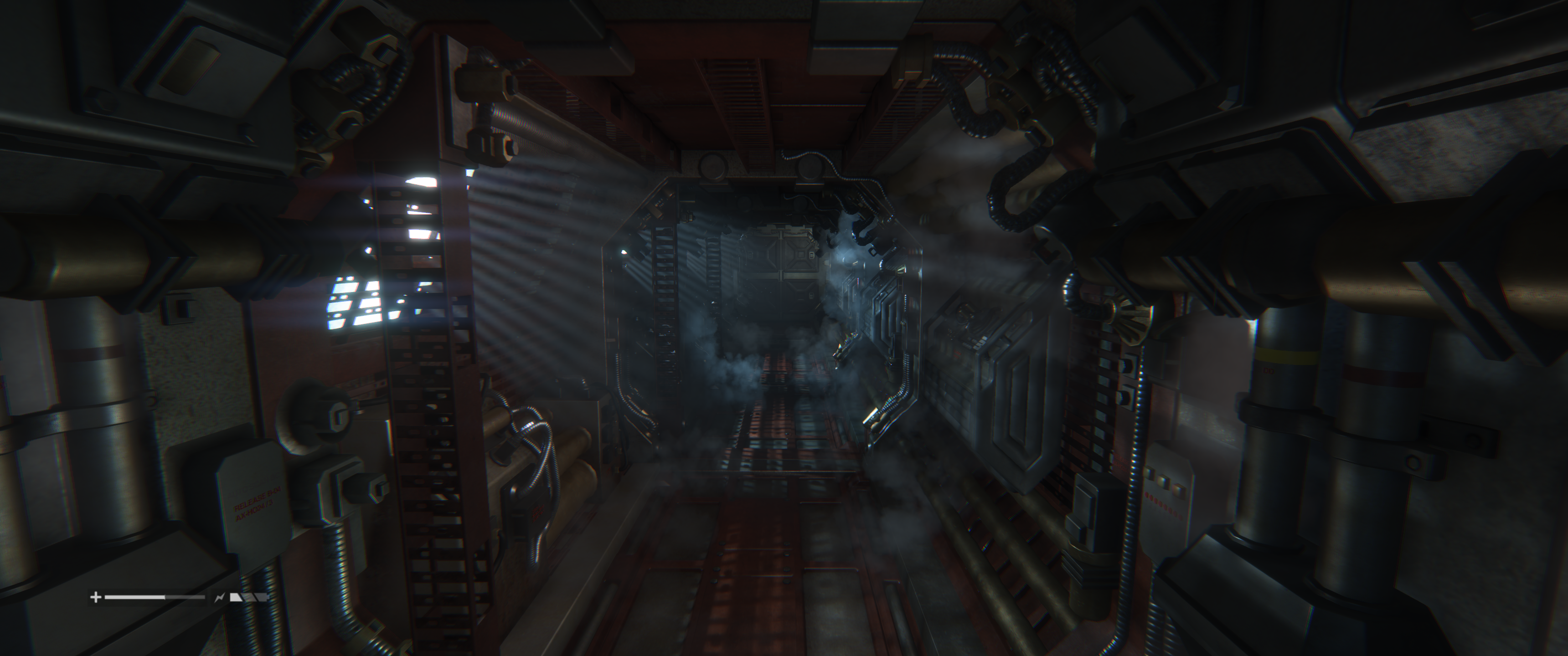 A dark and foreboding corridor with fantastic lighting split into horizontal lines as it pours through a vent covering