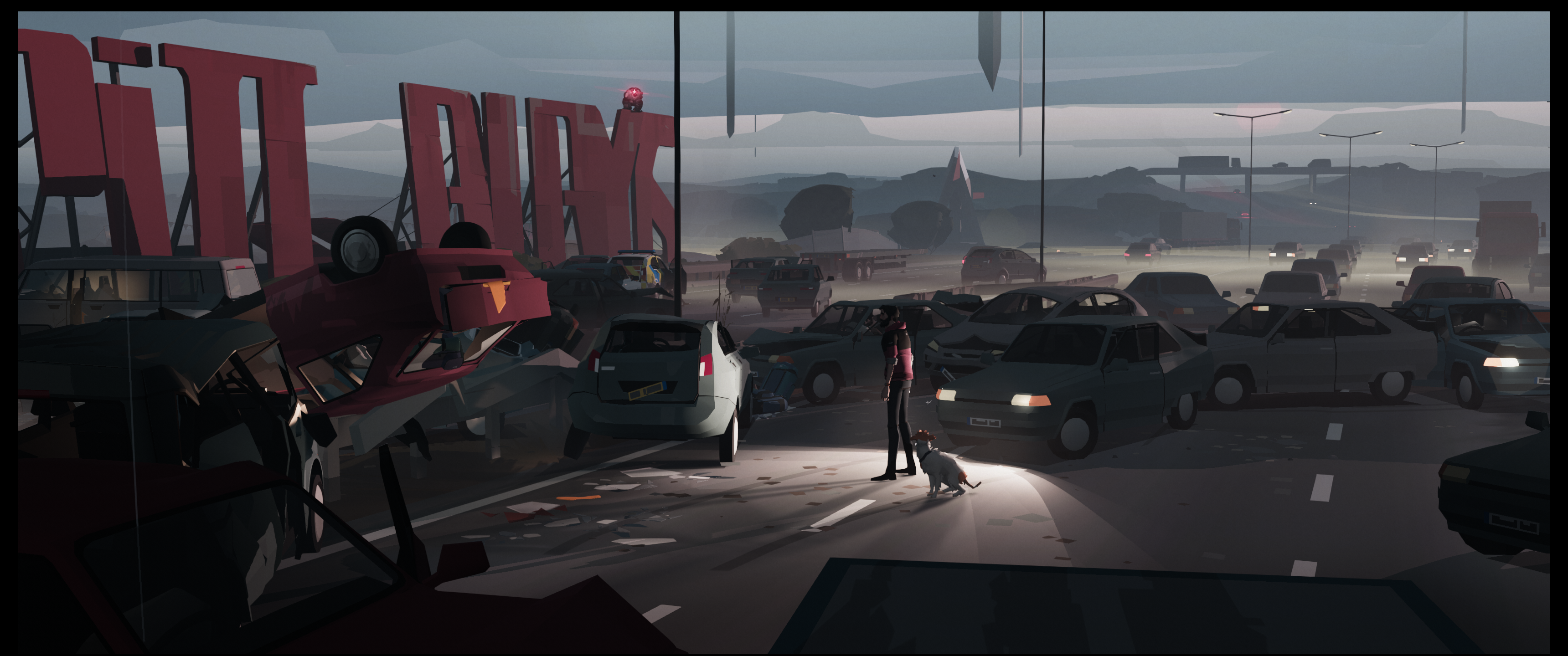 A highway strewn with empty cars. A man and his dog stand in the headlights of an abandoned car