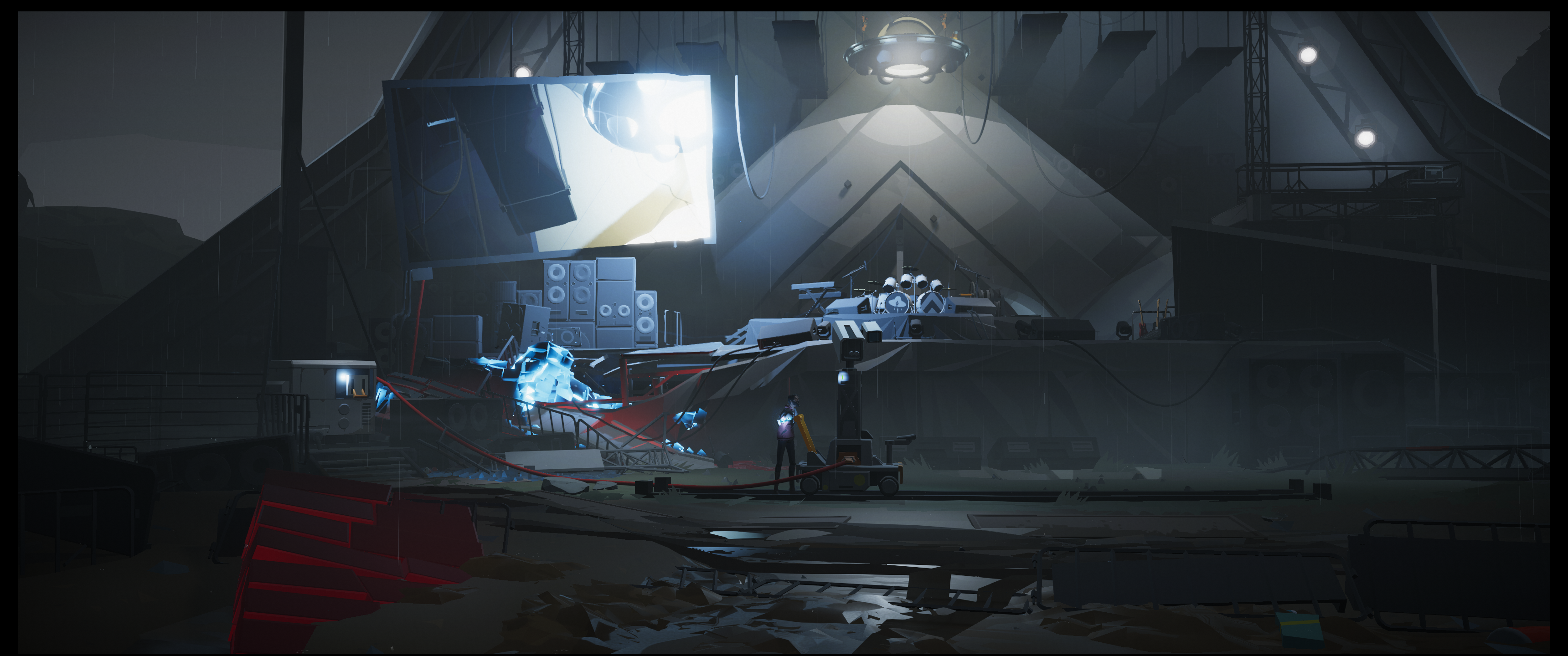 A man projects a large light onto a musical stage that stands in disarray