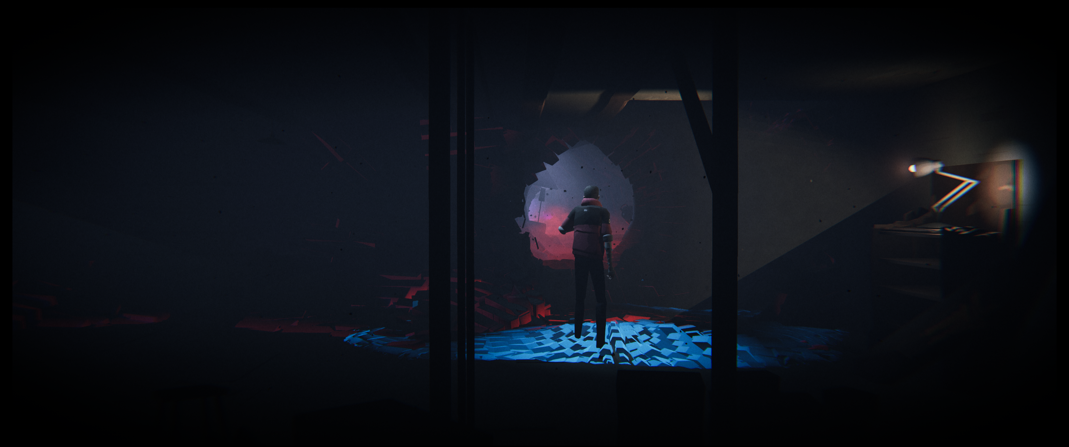 Male figure stands in basement staring at a portal leading to another world