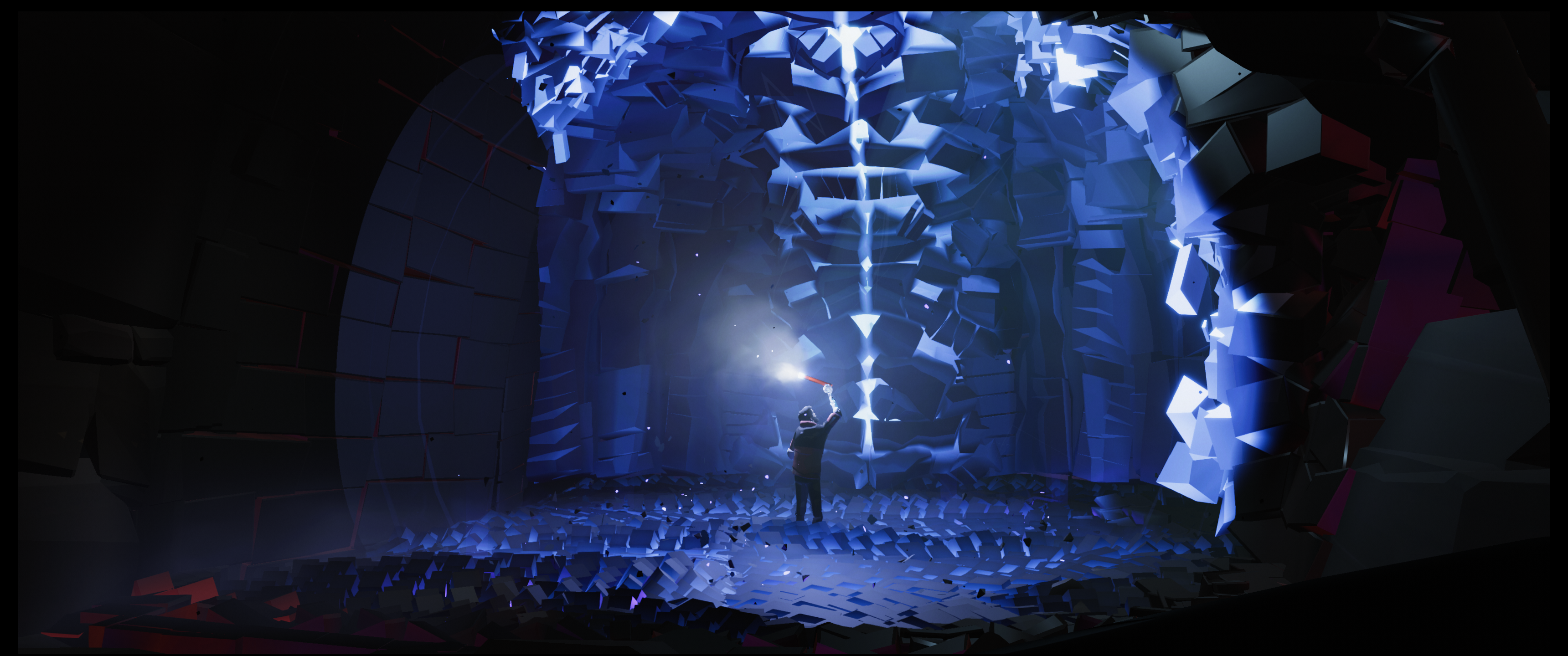 A man holds a flare illuminating a brilliant blue cavern made of geometric blocks