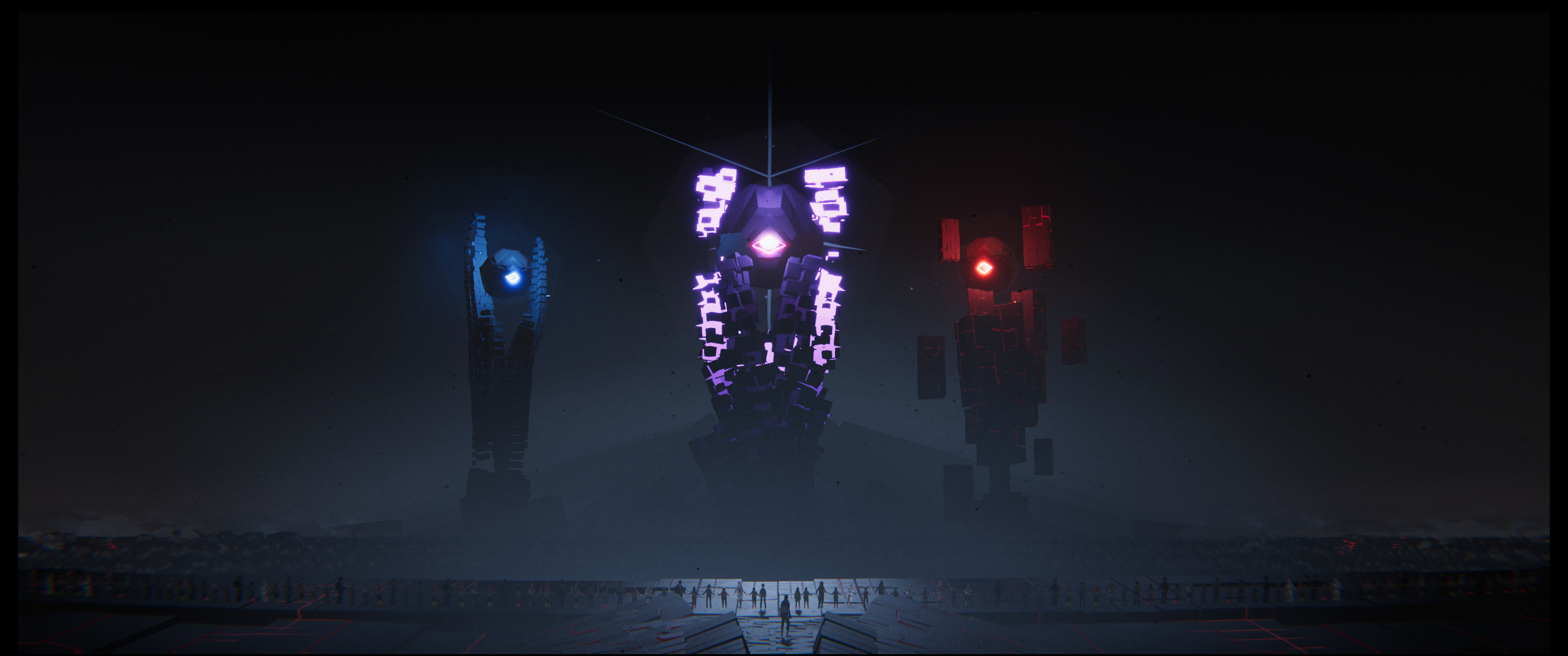 3 large alien structures loom above a thin line of humanity in a seemingly simulated world