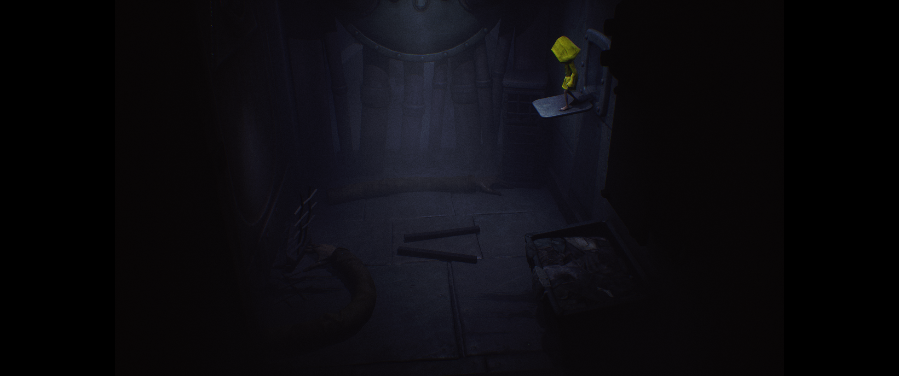 A little girl in a yellow raincoat stands above and opposite a doorway that has slammed on some very long arms