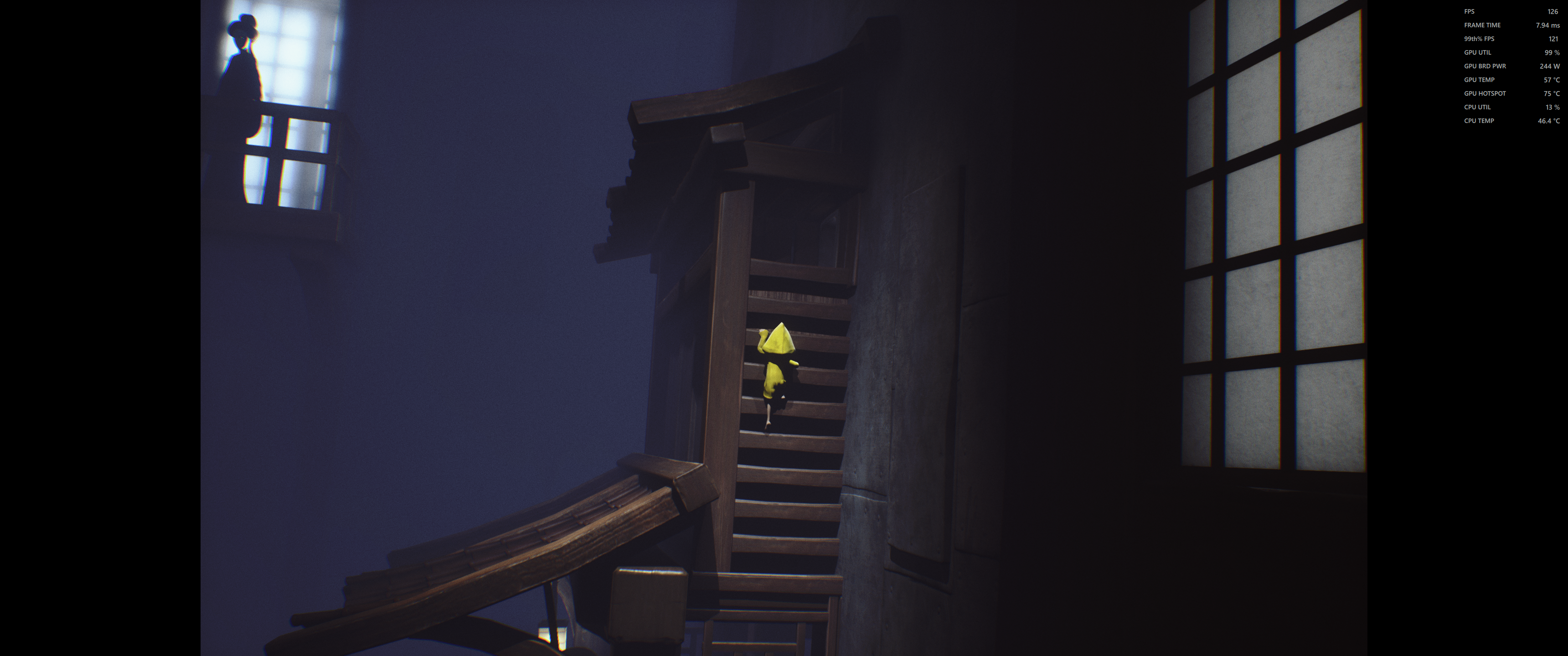 Little girl in a yellow raincoat is climbing in the foreground while a woman ominously stands in shadow in a distant window