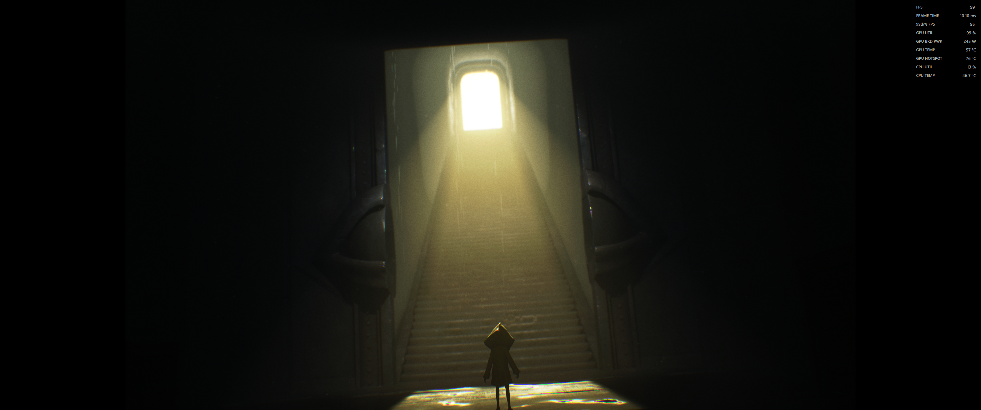 A little girl in a yellow raincoat stands in a beam of yellow light that is illuminating a large staircase