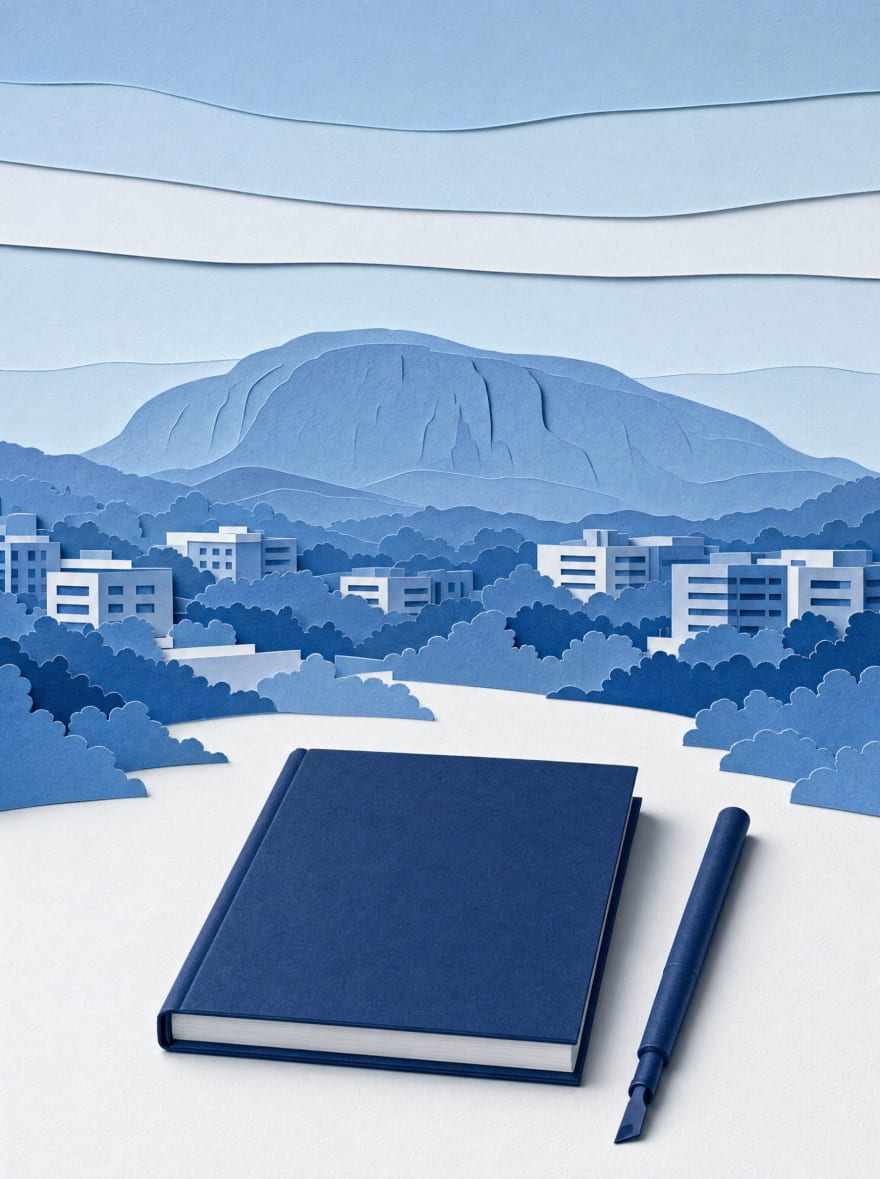 Illustration in layered paper: Abuja at first light, Aso Rock rising behind the city's trees and buildings, with a closed navy book and a pen in the foreground.