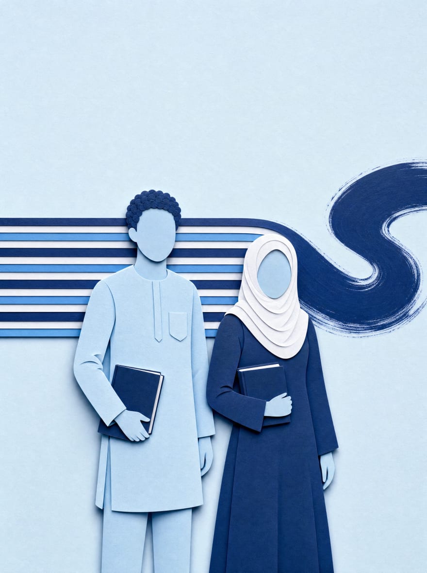 Illustration in layered paper: two faceless figures, a man in a long tunic and a woman in a white hijab, each holding a book, in front of woven stripes that flow into a sweep of ink.