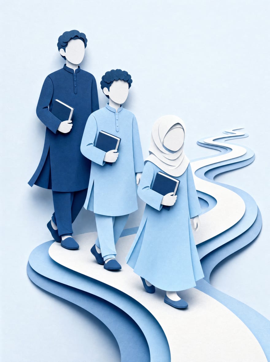 Illustration in layered paper: three faceless figures of different ages, a man, a boy and a young girl in a hijab, each carrying a navy book along a winding paper path.