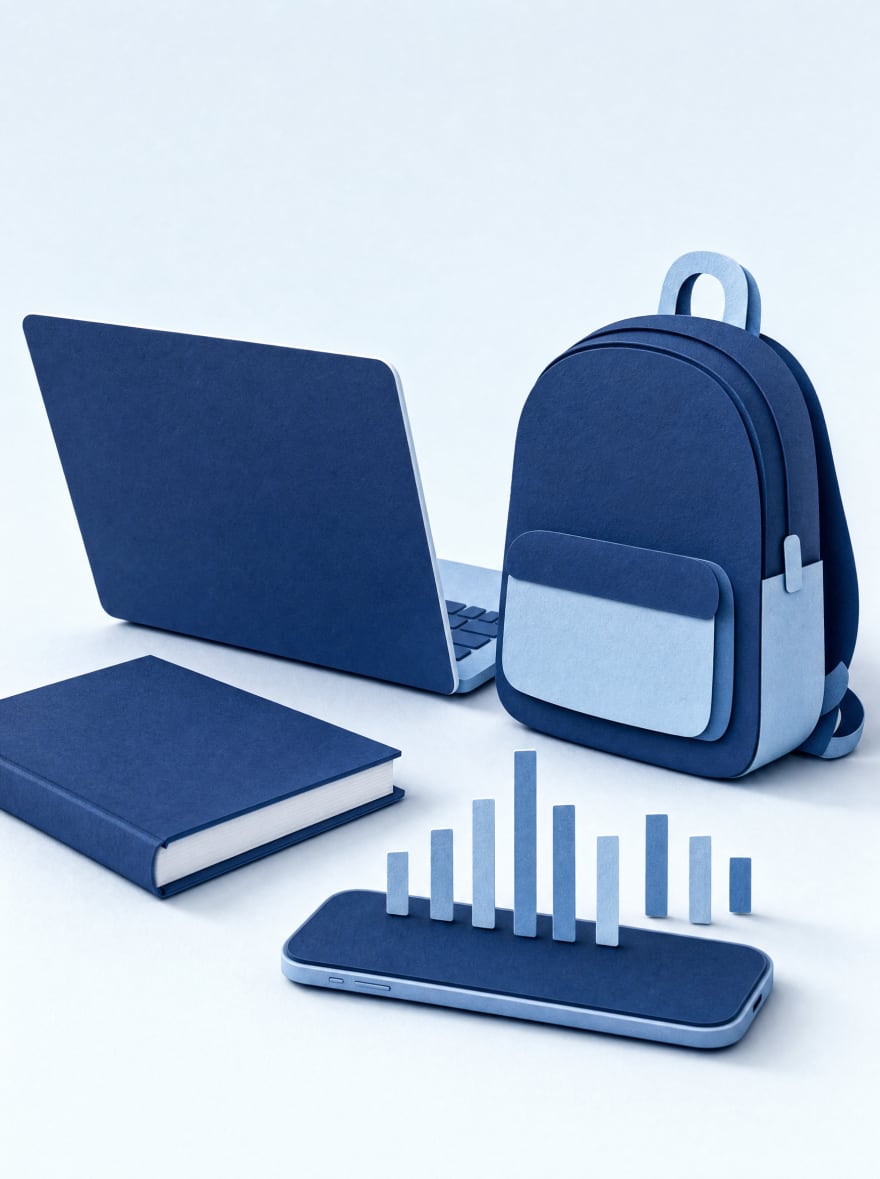 Illustration in layered paper: a laptop, a school bag, a closed book, and a phone lying flat with a paper sound wave rising from it.