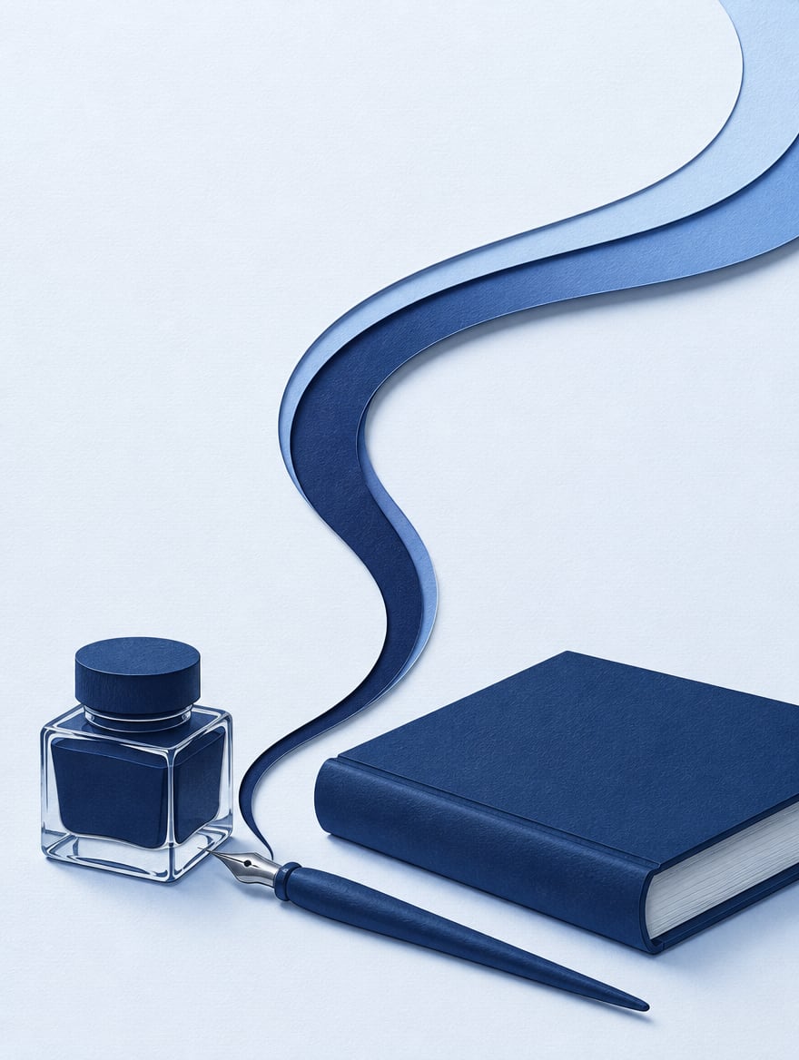Illustration in layered paper: a glass inkwell of navy ink and a dip pen, with a ribbon of paper curling up from the nib beside a closed navy book.