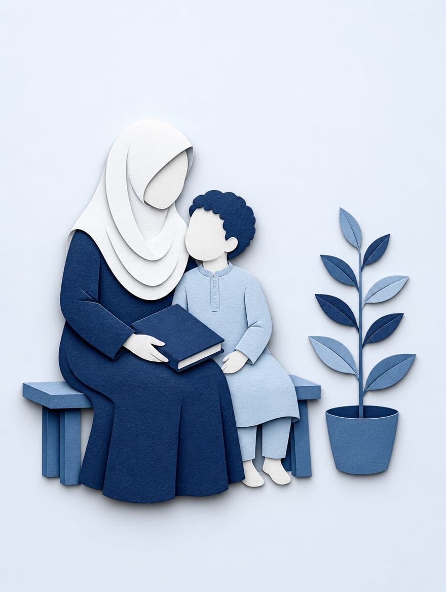 Illustration in layered paper: a faceless woman in a white hijab sits on a bench with a book on her lap, a young boy beside her, next to a potted plant.