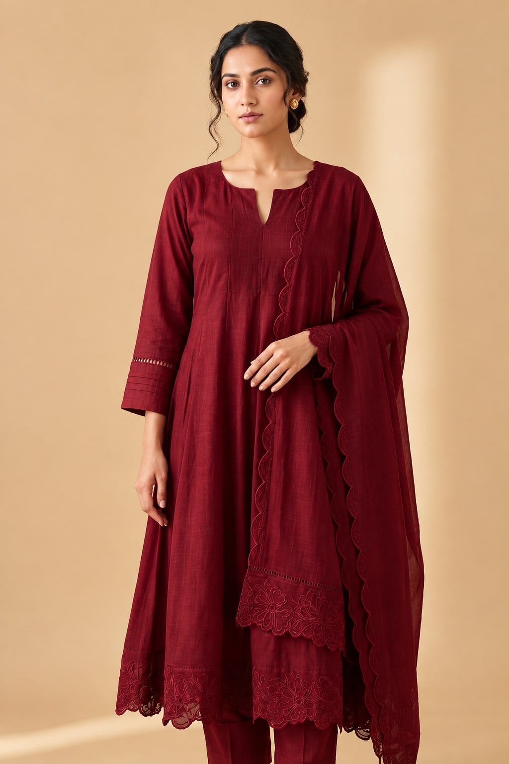 Maroon cotton-silk kurta set with scalloped embroidered hem and dupatta edge — Alizeh occasion line by Dhanya Lifestyle