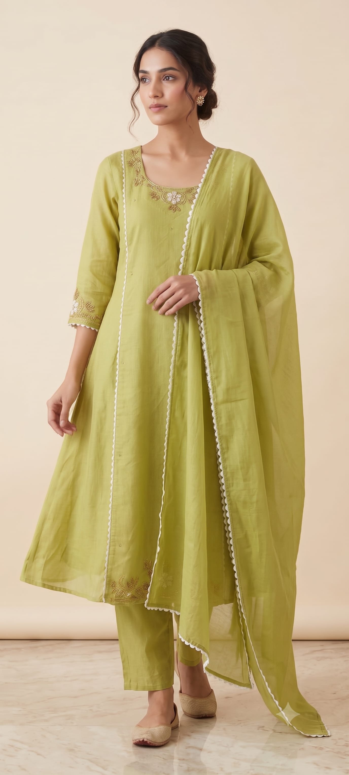 Lime-green chiffon kurta set with gold embroidery and scalloped white lace trim — Amba occasion line by Dhanya Lifestyle