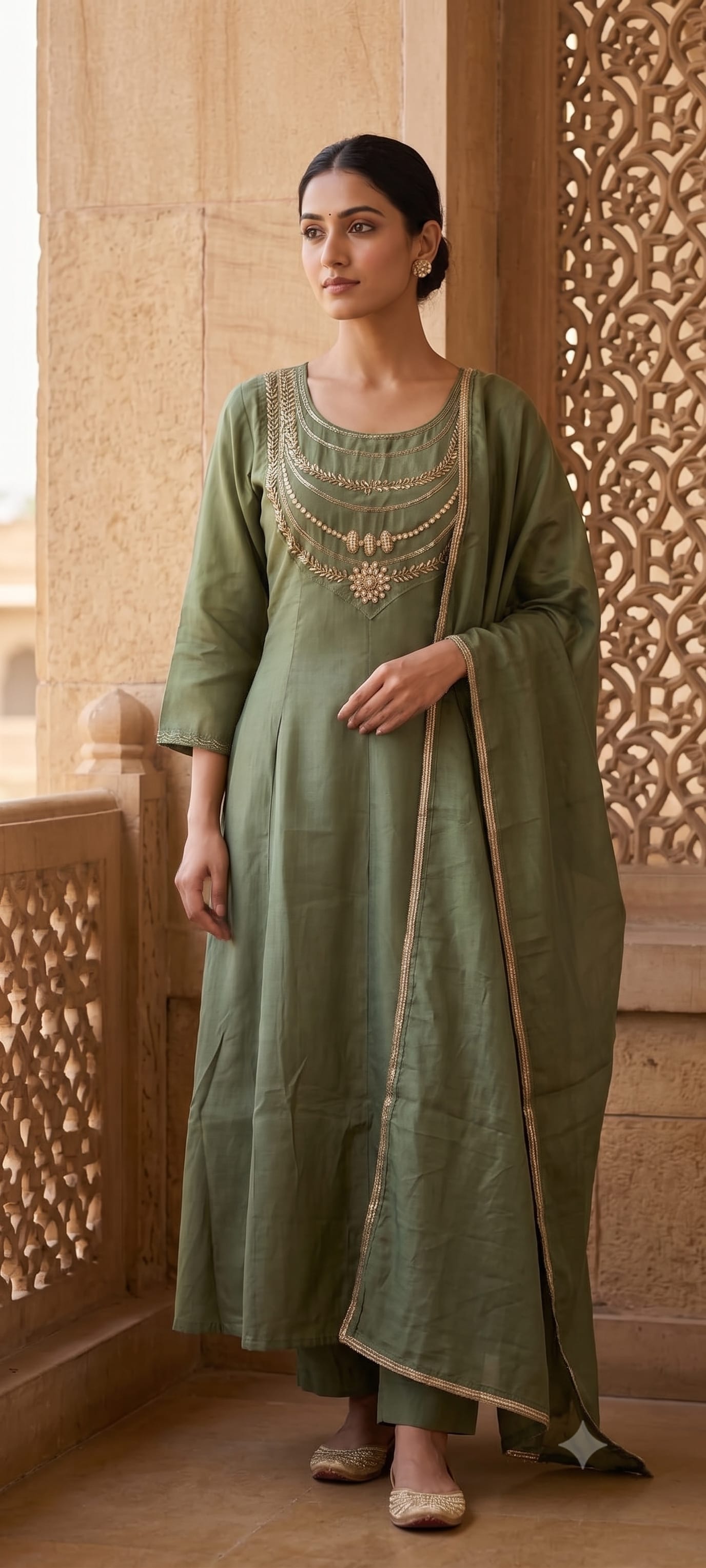Olive-green silk kurta set with gold-embroidered neckline and dupatta border — Aranya occasion line by Dhanya Lifestyle