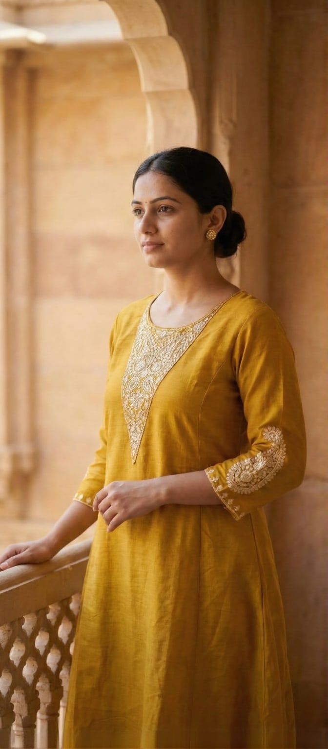 Mustard silk kurta set with gold-embroidered yoke and cuffs — Basanti occasion line by Dhanya Lifestyle