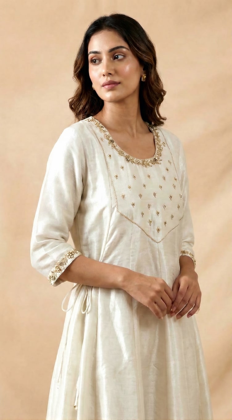 Cream silk kurti with gold-embroidered yoke and cuff detailing — Champa occasion line by Dhanya Lifestyle