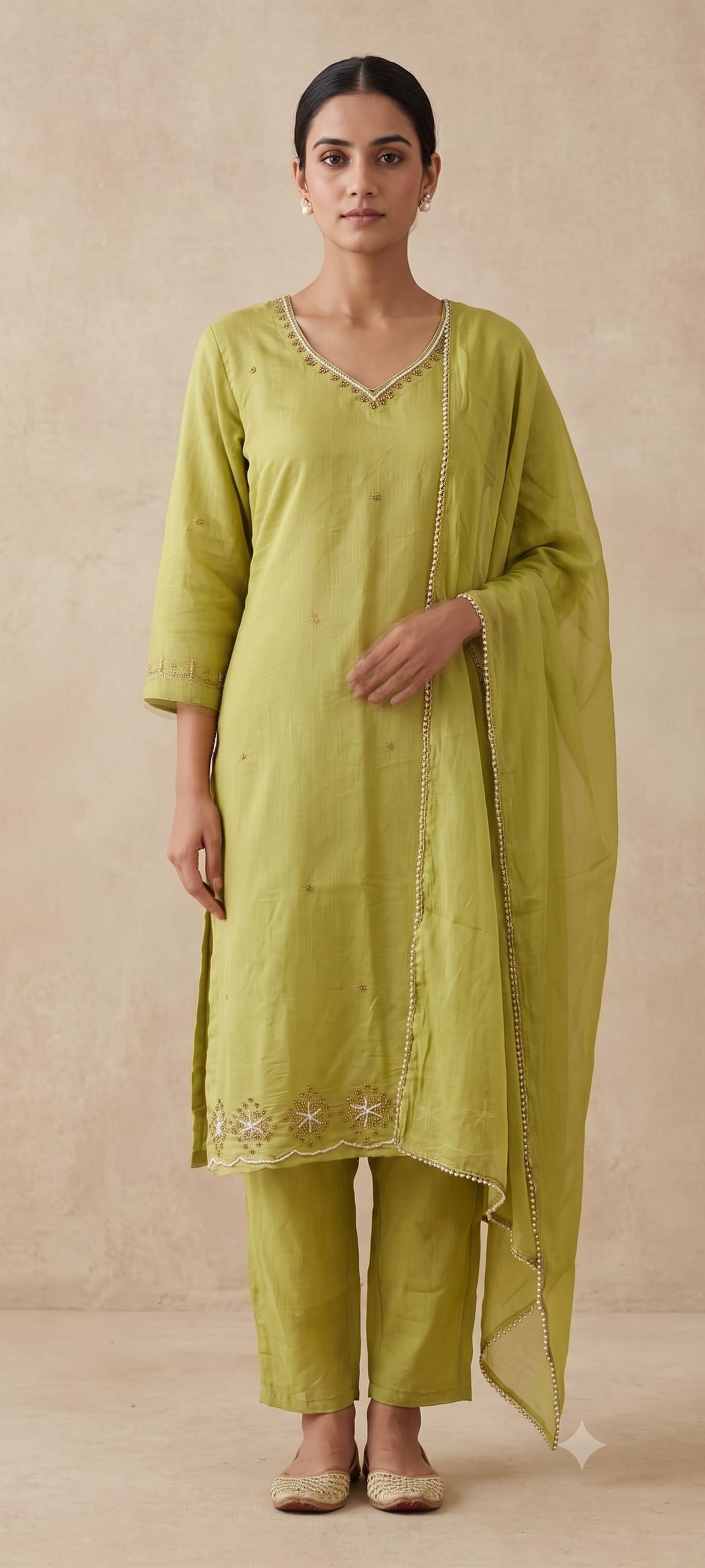 Lime-green chiffon suit set with pearl and bead embroidery on hem and dupatta edge — Falguni occasion line by Dhanya Lifestyle