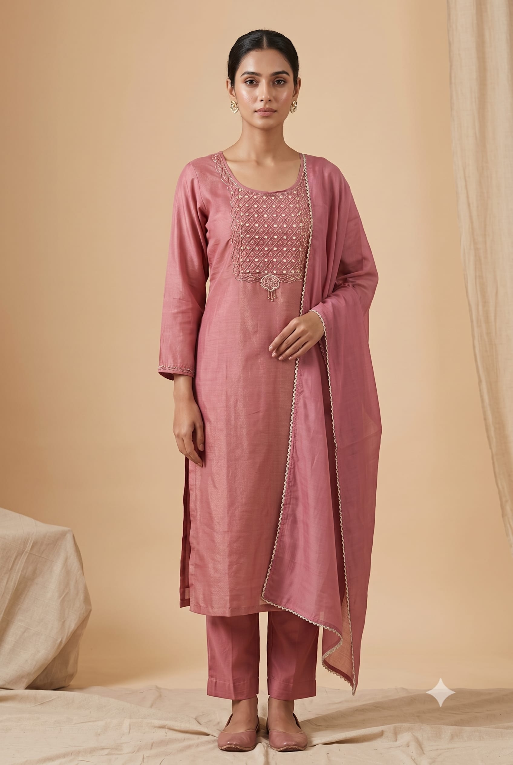 Dusty-rose silk suit set with scalloped lace trim, mirror and thread work — Gulbahar occasion line by Dhanya Lifestyle