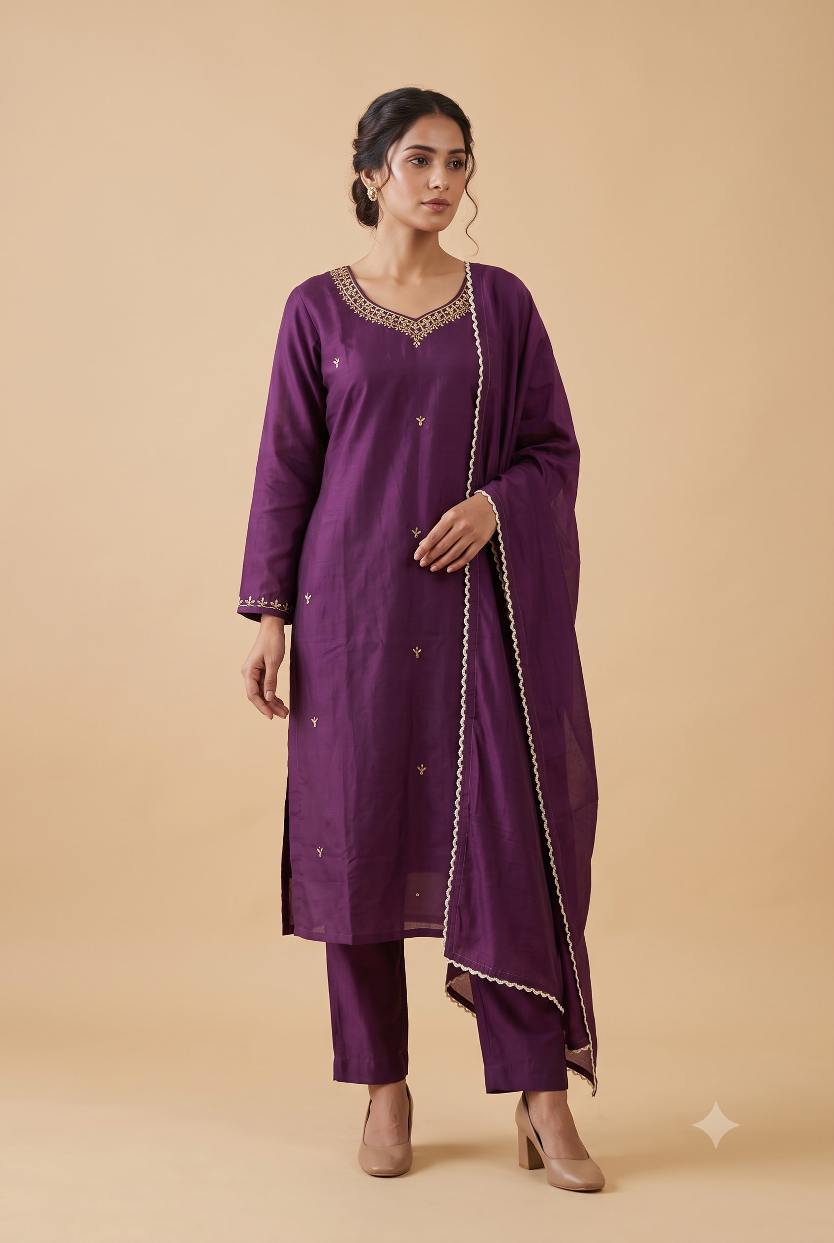 Purple silk kurta set with minimalist gold embroidery and scalloped lace trim — Jamuni occasion line by Dhanya Lifestyle