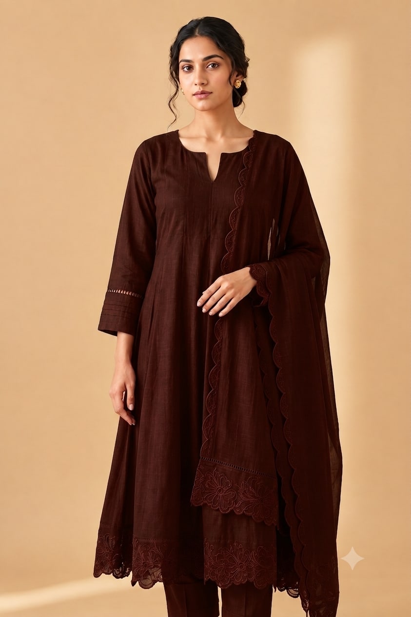 Dark-brown cotton-silk kurta set with scalloped cutwork embroidery on hem and dupatta — Kastoori occasion line by Dhanya Lifestyle
