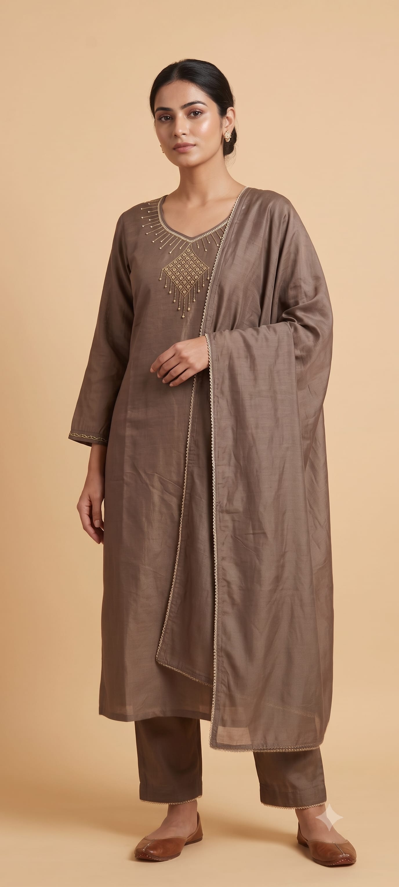 Brown chiffon suit set with beadwork neckline and lace trim — Khubani occasion line by Dhanya Lifestyle