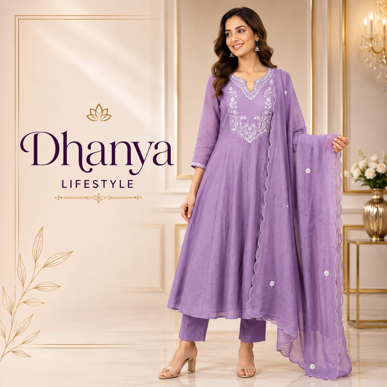 Lavender chiffon kurta set with white embroidered yoke and scalloped dupatta — Lajwanti occasion line by Dhanya Lifestyle