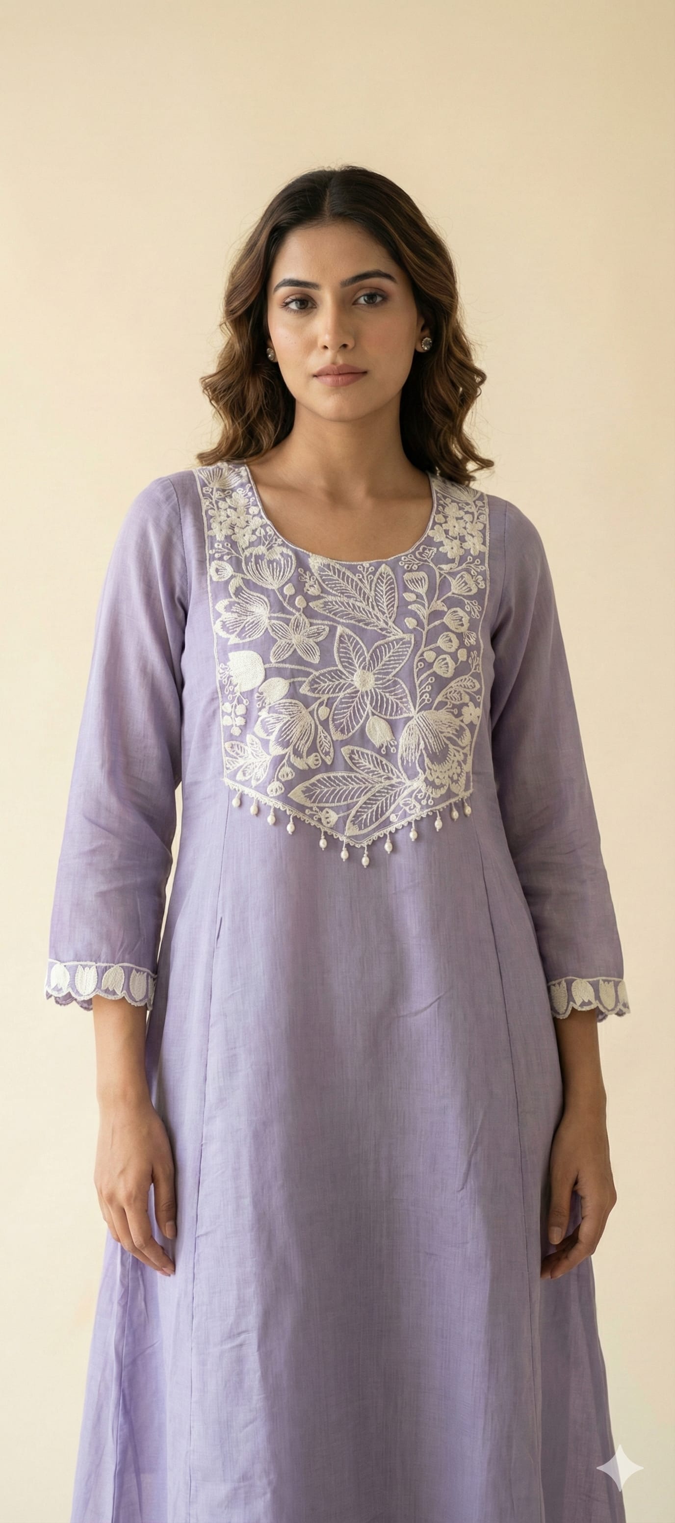 Lavender cotton-chanderi kurti with white floral threadwork yoke, pearl drops and scalloped cuffs — Lavanya everyday line by Dhanya Lifestyle