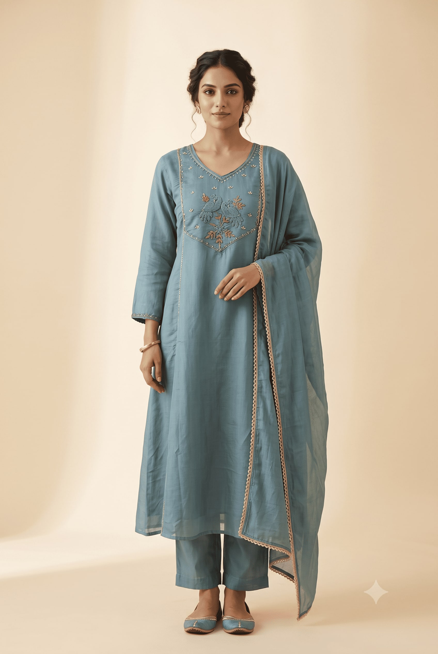 Dusty-blue chiffon kurta set with peacock embroidery on the yoke and scalloped lace border dupatta — Mayura occasion line by Dhanya Lifestyle