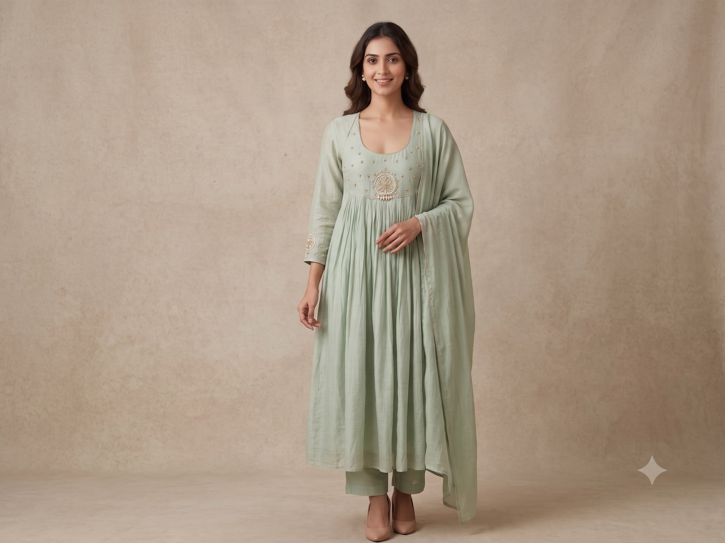 Sage-green cotton-silk suit set with pearl-embellished mandala yoke and gathered skirt — Mehjabeen occasion line by Dhanya Lifestyle