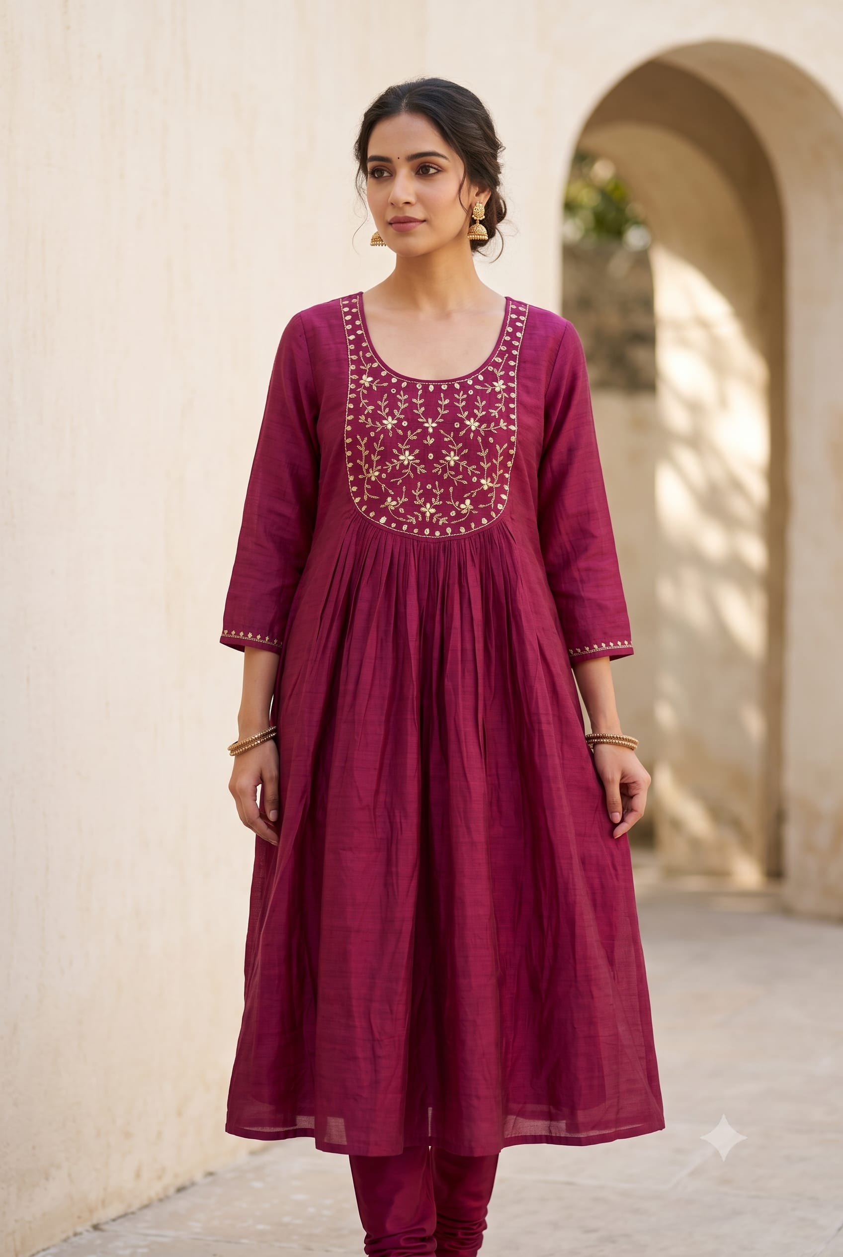 Maroon chiffon kurta set with gold-embroidered yoke and cuffs and gathered waist — Mehrun occasion line by Dhanya Lifestyle