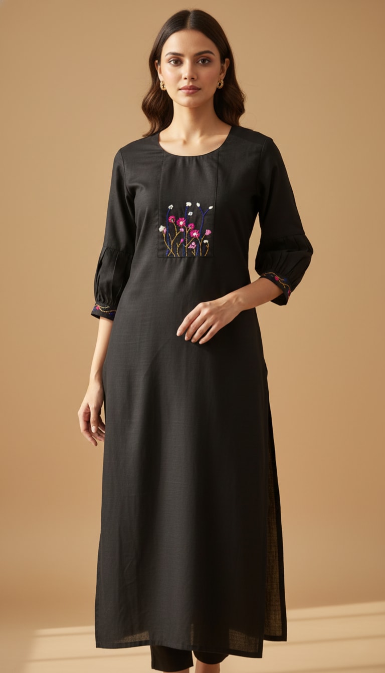 Black cotton kurta set with floral embroidery on chest and cuffs and gathered sleeves — Saanjh everyday line by Dhanya Lifestyle