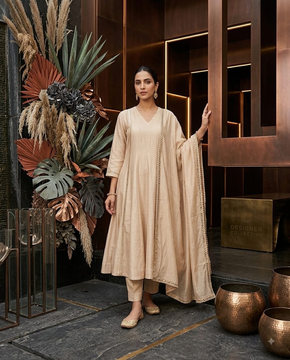 Beige chanderi-silk kurta set with gold lace trim on the placket and dupatta edge — Sunehri occasion line by Dhanya Lifestyle