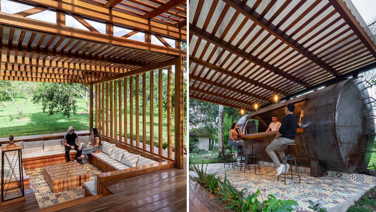 Abandoned Macas Reservoir Reopened as Outdoor Bar This outdoor pavilion combines a conversation pit and a converted tank to create a flexible space for gatherings and downtime