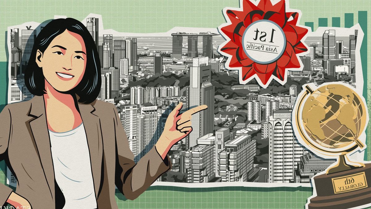 Singapore leads Asia Pacific wealth hubs list Illustration of a woman pointing at cityscape with first place Asia Pacific ribbon and sixth globally trophy.