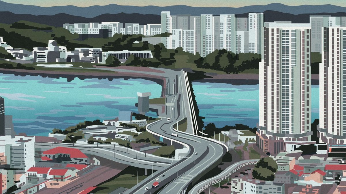 Johor-Singapore economic zone sees property prices rise High-rise residential blocks near a river with a highway and hills in the background.