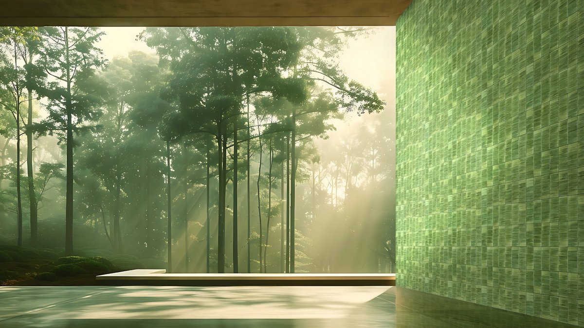 A green tiled wall overlooks a forest with sunlight streaming through the trees.