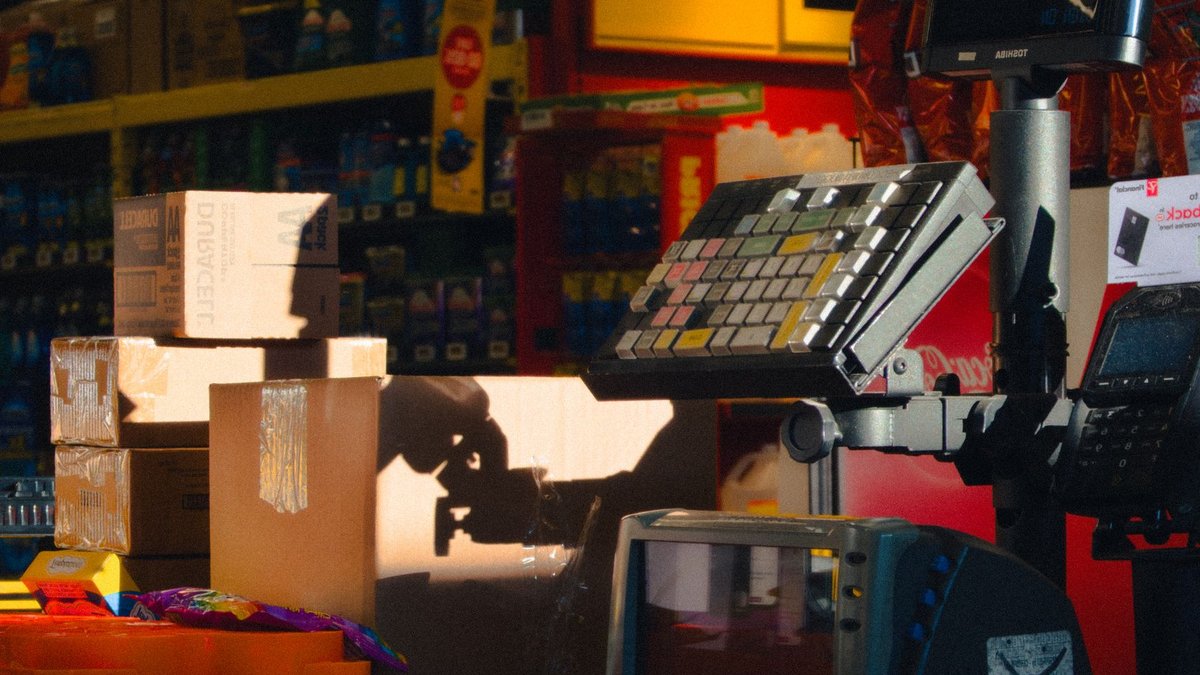 Poundland appoints three new directors amid rescue talks Close-up of a retail checkout counter with boxes and a touchscreen register in a store setting.