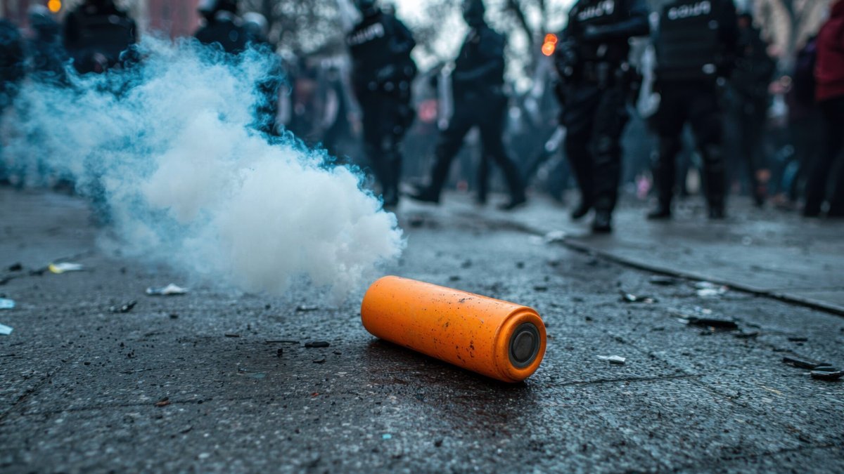 An orange smoke grenade emits smoke on the asphalt street as police officers patrol a protest. The ground is littered with de