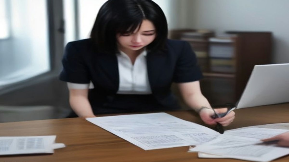 Insurance office workers reviewing documents.