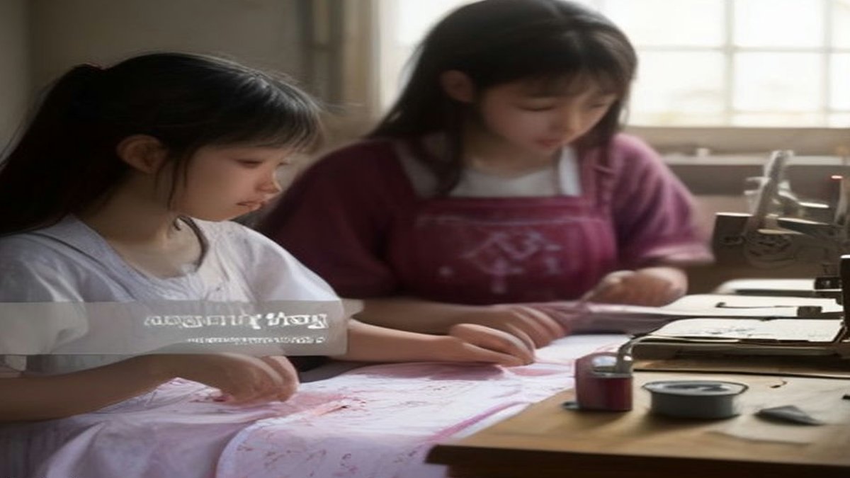Girls embroidering fabric in workshop.