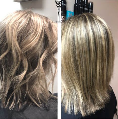 before and after view of girl with curly blonde hair