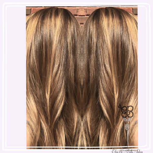side by side view of golden color balayage hairstyle