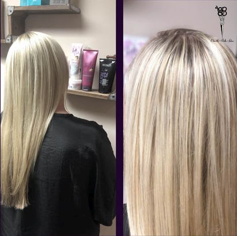 before-after pictures of girl with icy blonde haircut