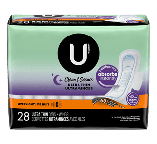 Clean & Secure Ultra Thin Overnight Pads with Wings, 28 units – U by Kotex  : Pads and cup