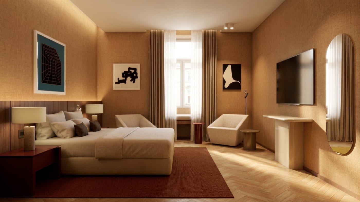 Rendu d'une chambre de The Meliá Collection Rome avec parquet en chevrons et tapis rouge